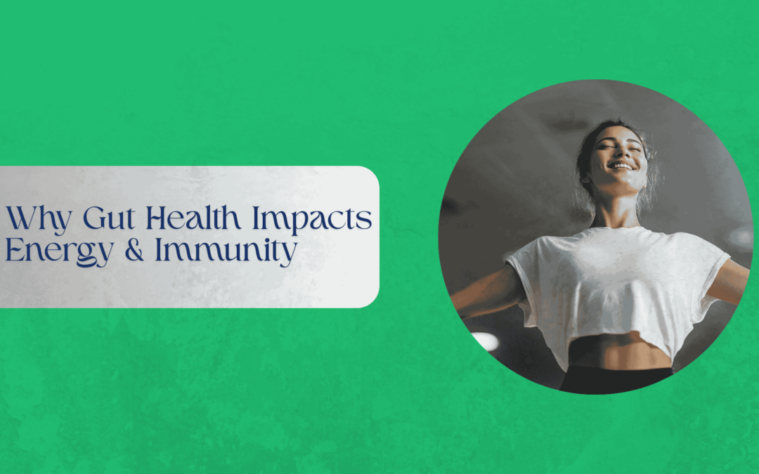 An illustration showing the link between gut health, energy levels, and immunity, with a focus on healthy digestion and wellness.